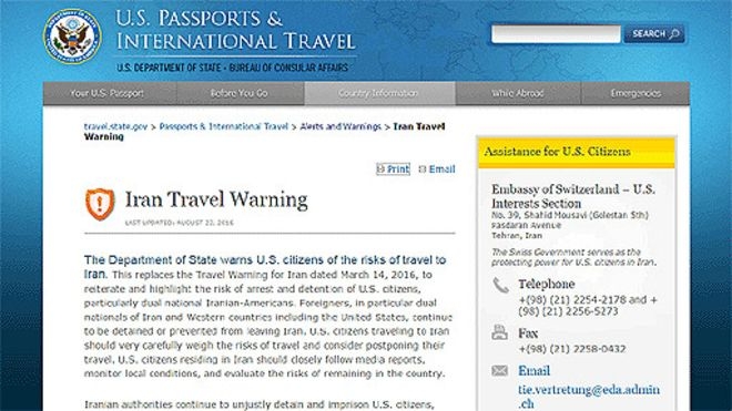 هشدار جديد آمريكا درمورد سفر به ايران