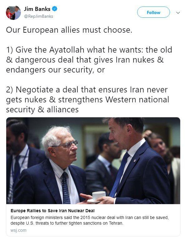 هشدار یک نماینده کنگره به اروپا؛ بین همکاری با آیت‌الله‌ها یا یک توافق جدید، انتخاب کنید