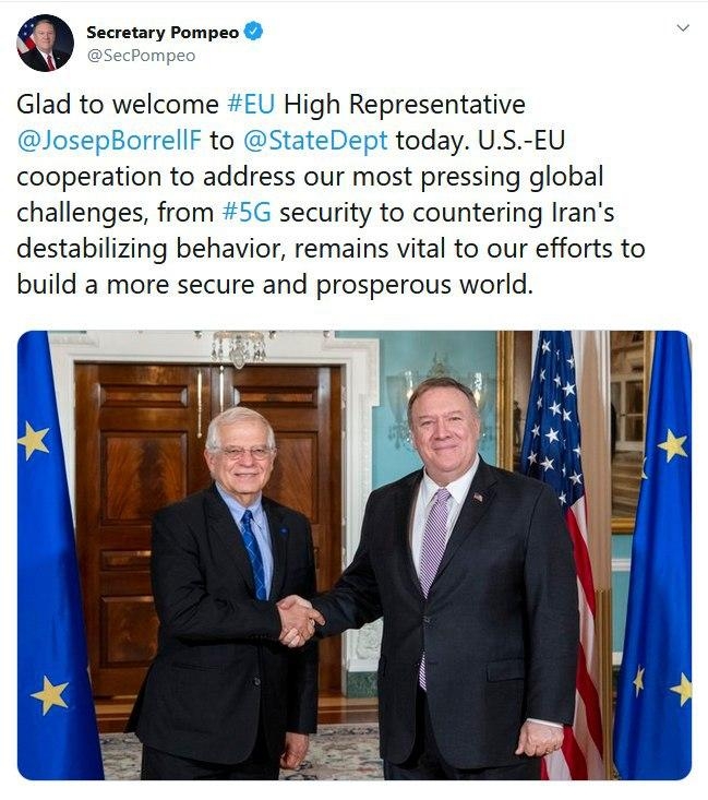 دیدار مایک پمپئو با بورل رئیس سیاست خارجی اتحادیه اروپا