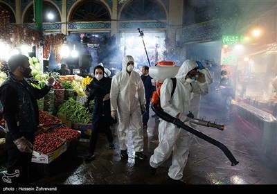نمایش مسخره ضدعفونی کردن بازار تجریش با حضور دروبینهای تلویزیون حکومتی