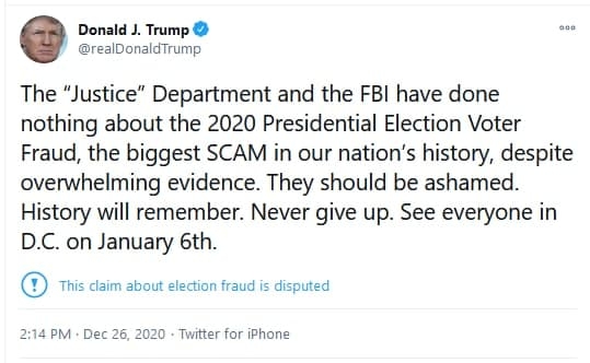 فراخوان دونالد ترامپ به تجمع و تظاهرات طرفدارانش در روز ۶ ژانویه در واشنگتن دی سی