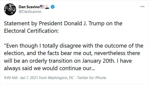 بیانیه رئیس جمهور دونالد ج. ترامپ در مورد تأییدیه انتخاباتی