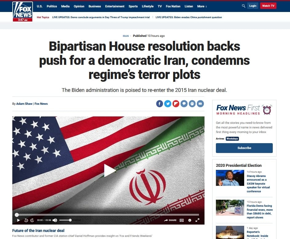 قطعنامه دو حزبی کنگره از فشار آوردن برای ایرانی دموکراتیک و محکومیت توطئه‌های تروریستی رژیم[ایران] حمایت می‌کند